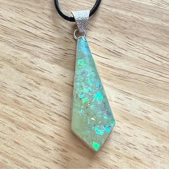 New Opalite Dichroic Acrylic Silver Overlay Pendant Necklace with Cord - Picture 3 of 6